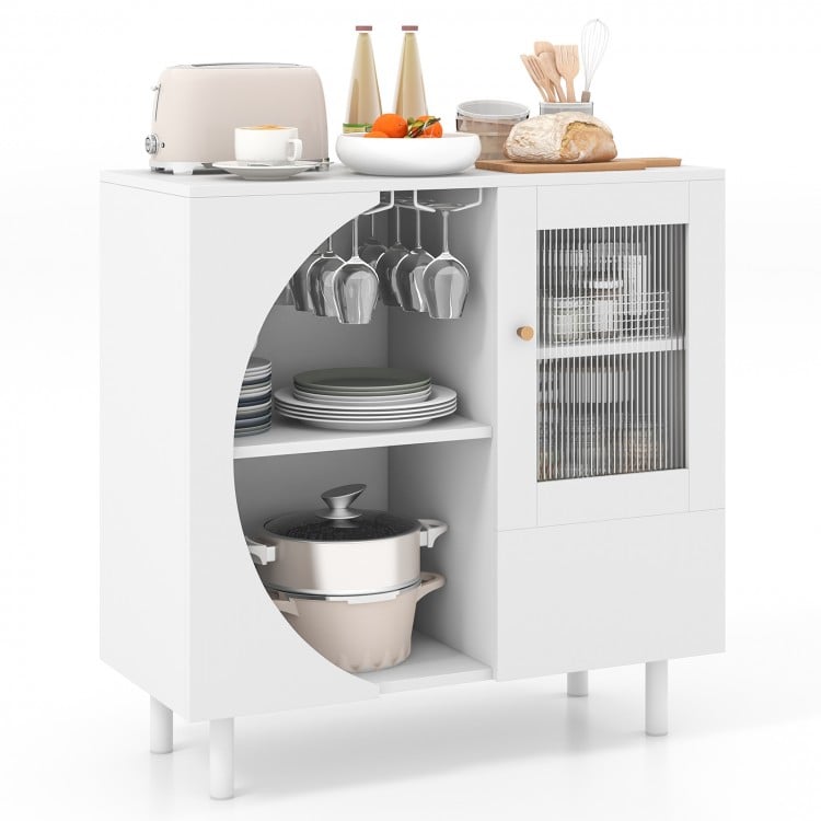 Kitchen sideboard in white with double row wine glass holder, ample storage, and glass door for dining room use.