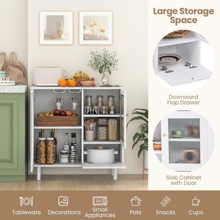 Kitchen sideboard in white with double row wine glass holder and ample storage for tableware and small appliances.