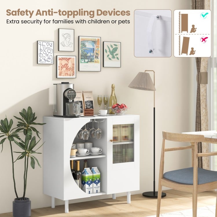 Kitchen sideboard in white with glass holder, featuring ample storage and modern design for dining or living room use.