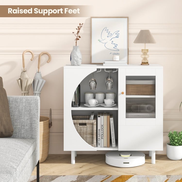 Kitchen sideboard in white with glasses holder, featuring raised support feet and ample storage for dining essentials.