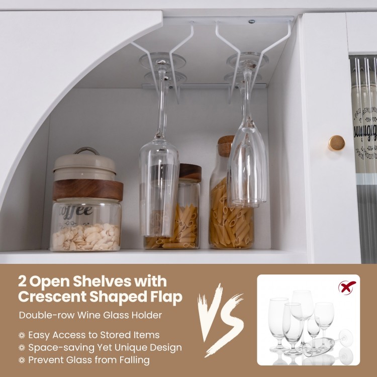 Double-row wine glass holder in a white kitchen sideboard, designed for space-saving and preventing glass from falling.
