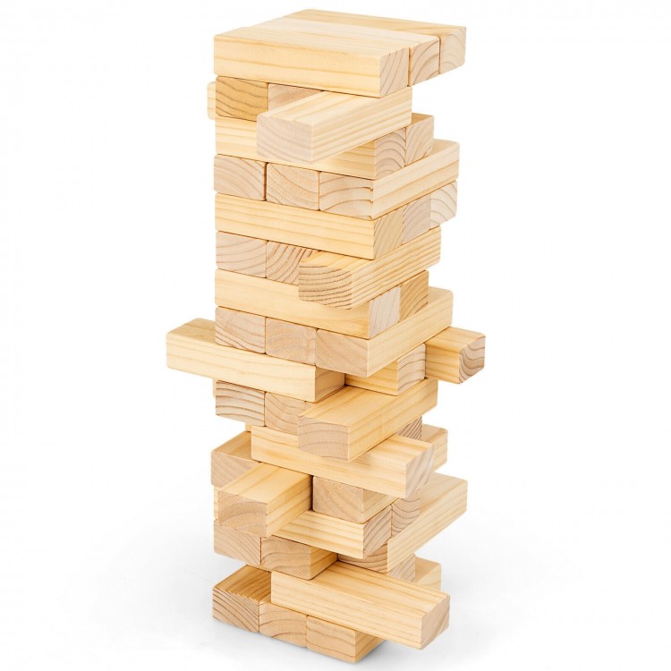 Stack of 54 natural pine wooden blocks from the Tumbling Timber Toy, ideal for family fun and coordination development.