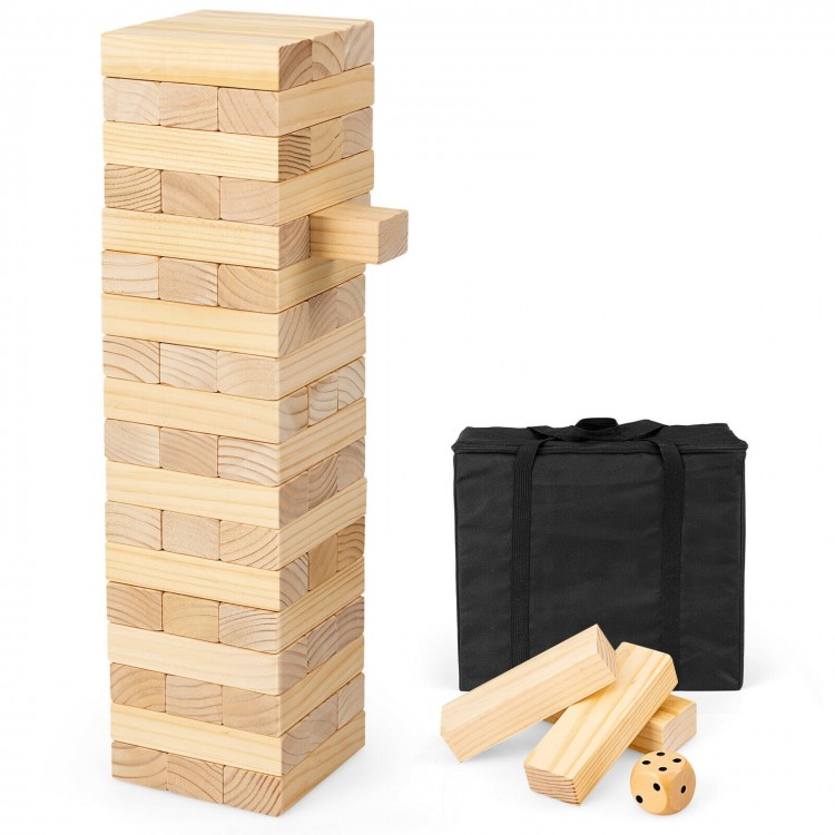 Tumbling timber toy set with 54 natural pine wood blocks, dice, and carrying bag for family fun and gatherings.