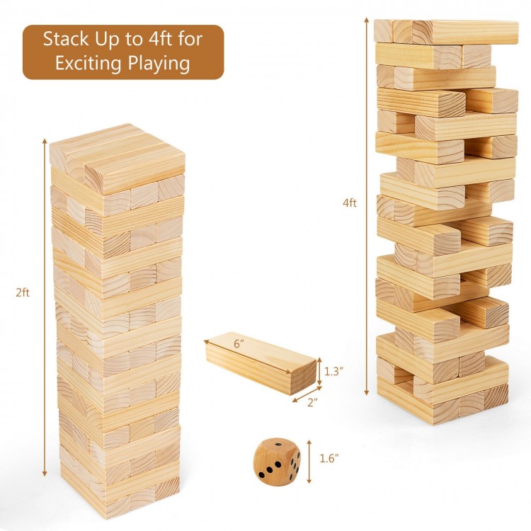 54 pieces of natural pine wood tumbling blocks stacked to 4ft, including a dice and carrying bag for versatile play.
