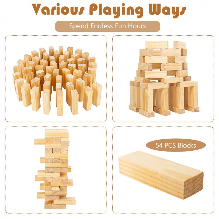 54 pieces of natural pine wood tumbling blocks in a carrying bag, perfect for stacking games and family fun.