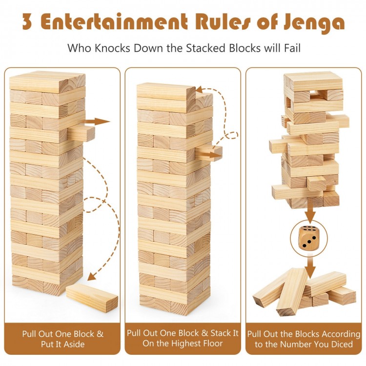 54-piece tumbling timber toy set with natural pine wood blocks, dice, and carrying bag for versatile family fun.