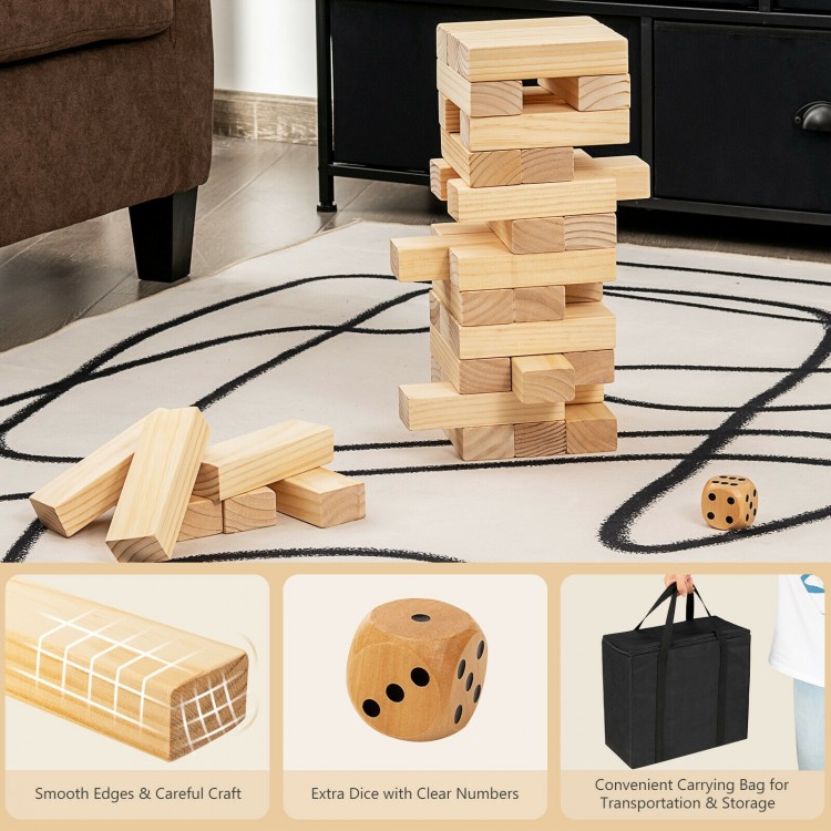 54 pieces of natural pine wood tumbling timber blocks with dice, perfect for stacking games and easy storage in a.