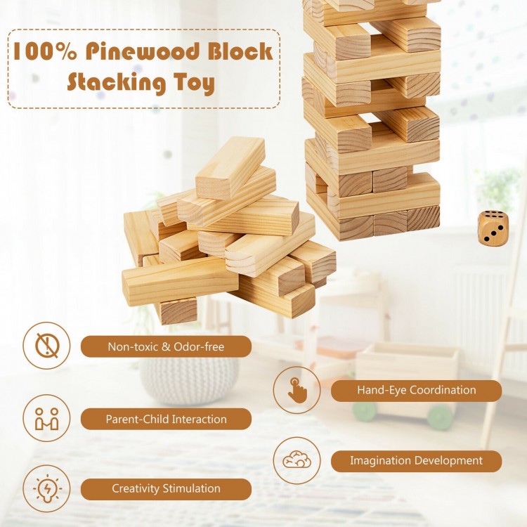 54 pieces of natural pine wood stacking blocks with a carrying bag, promoting imagination and coordination for all ages.