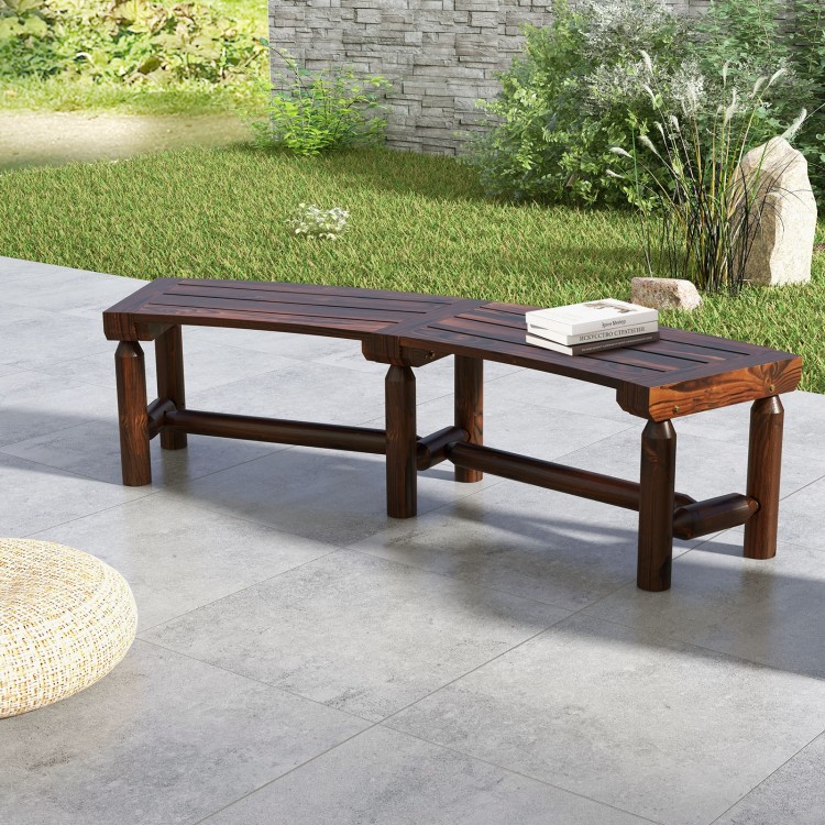Curved patio bench made of fir and pine wood, featuring a slatted seat, perfect for round tables in outdoor settings.