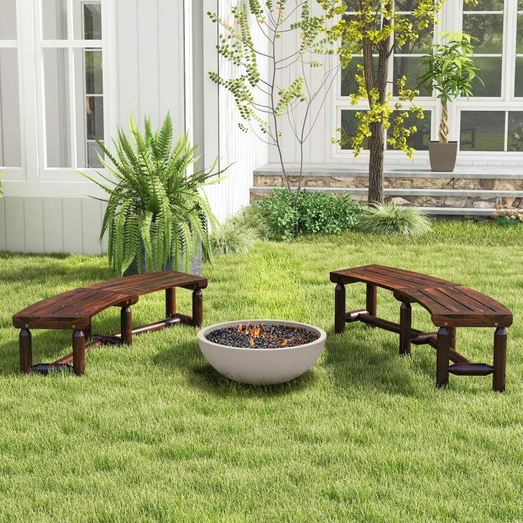 Curved patio bench in rustic brown wood, designed for round tables, featuring a slatted seat for outdoor gatherings.