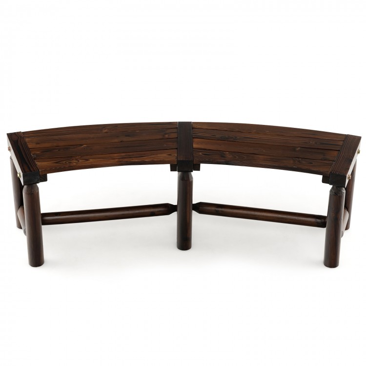 Curved patio bench made of fir and pine wood, featuring a slatted seat for two, perfect for outdoor round tables.