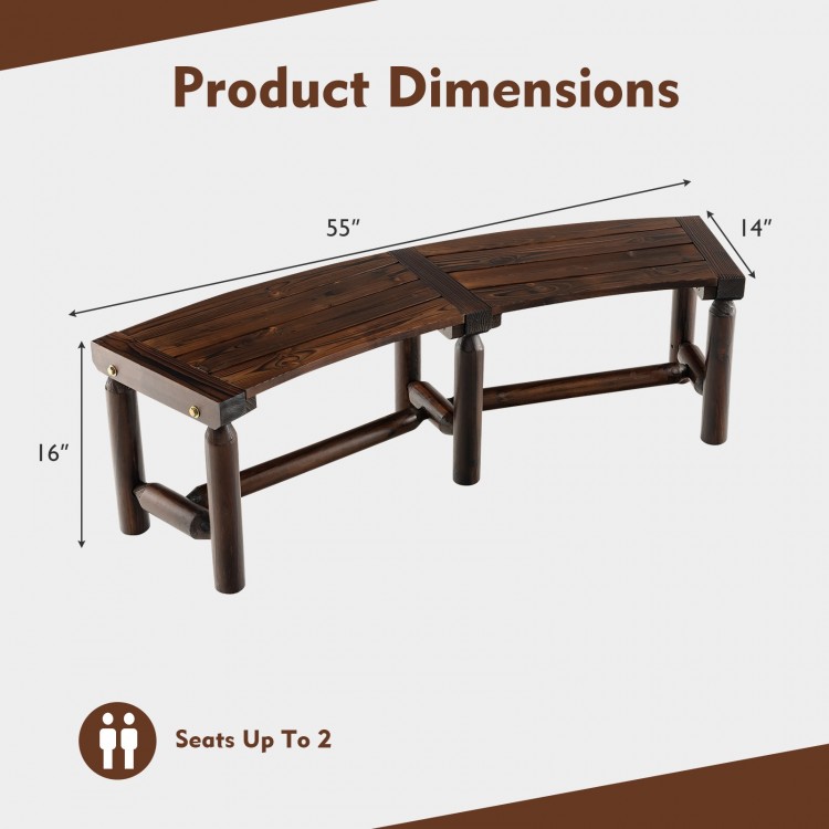 Curved patio bench dimensions showing 55” x 14” x 16”, made of fir and pine wood, seats up to 2 people for outdoor use.