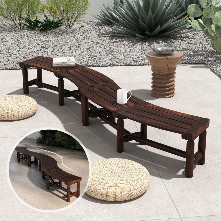 Curved patio bench in rustic brown wood, spacious slatted seat for two, perfect for round tables in outdoor settings.