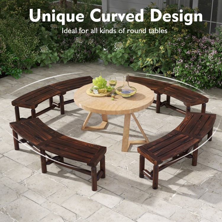 Curved patio bench in rustic brown, designed for round tables, featuring a spacious slatted seat for outdoor gatherings.