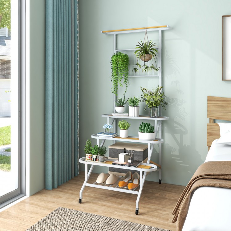 4-tier hanging plant stand with a sturdy metal frame, featuring a hanging bar and 360° swiveling wheels for mobility.