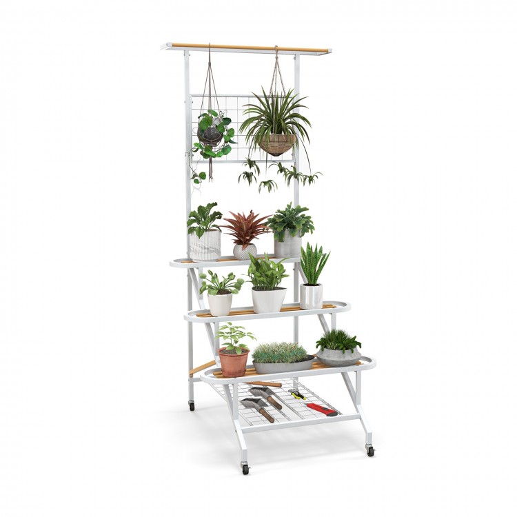 4-tier hanging plant stand with a sturdy metal frame, featuring a trellis and wheels for easy mobility and plant.