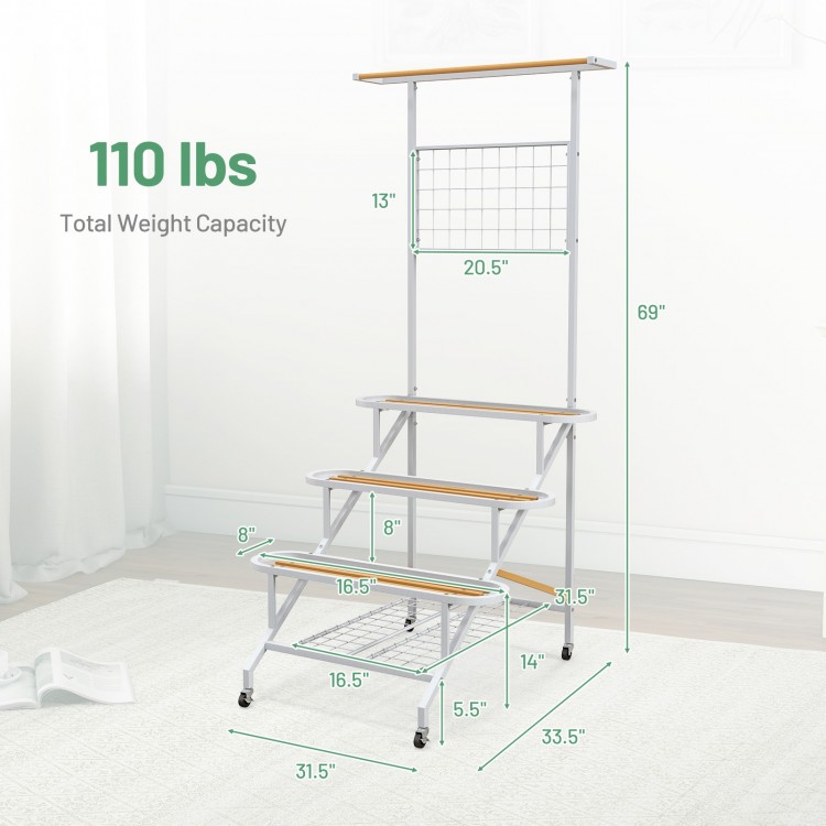 4-tier hanging plant stand with a sturdy metal frame, featuring a hanging bar and 360° swiveling wheels for easy.