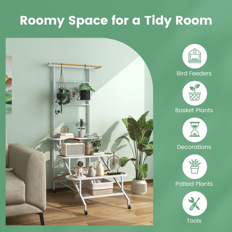 4-tier hanging plant stand showcasing a bottom grid shelf for small potted plants and tools, designed for versatile.