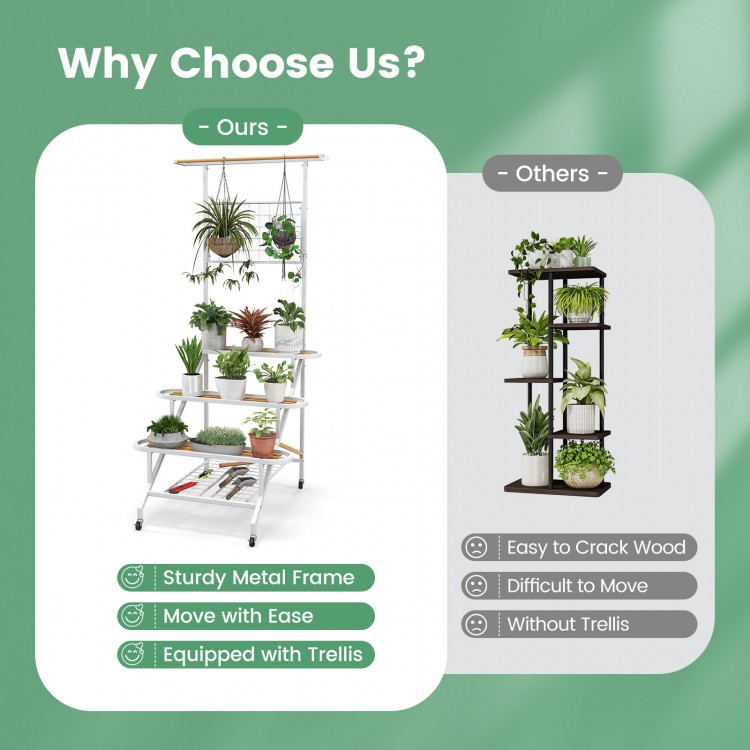 4-tier hanging plant stand with sturdy metal frame, trellis, and 360° swiveling wheels for easy mobility and display.