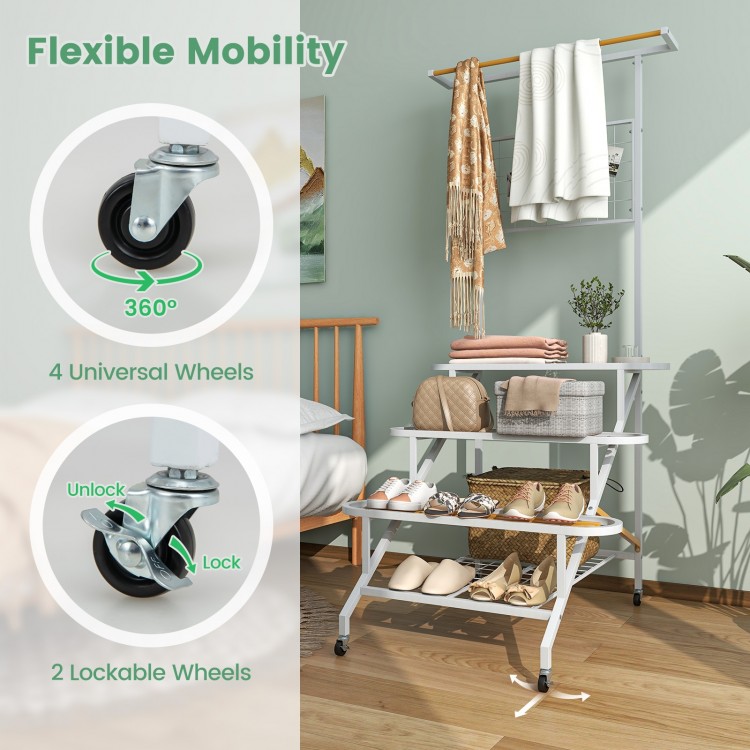 4-tier hanging plant stand with hanging bar, featuring 360° swiveling wheels for easy mobility and a sturdy metal frame.