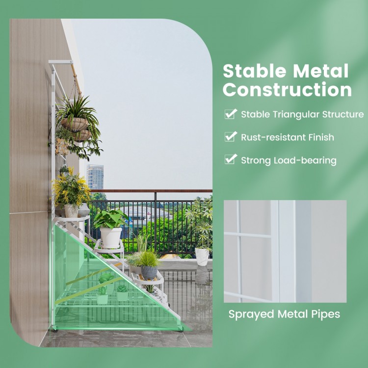 4-tier hanging plant stand with a sturdy metal frame, trellis for decoration, and 360° swiveling wheels for mobility.