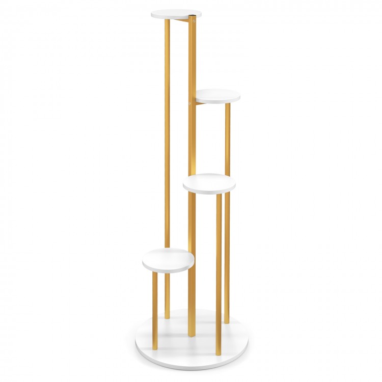 Indoor metal plant stand with golden frame and white shelves, featuring a 5-tier design for corner plant display.