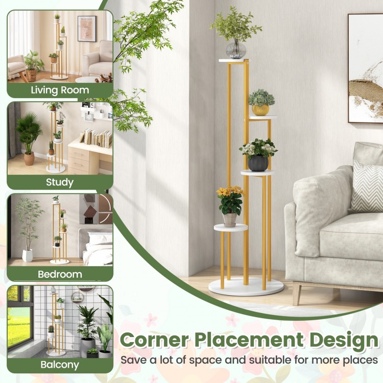 Five-tier indoor metal plant stand with golden frame and white MDF boards, perfect for corner decoration and plant.