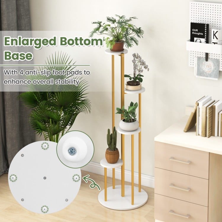 Indoor metal plant stand with golden frame, featuring 5 tiers for potted plants, ideal for small corner spaces.