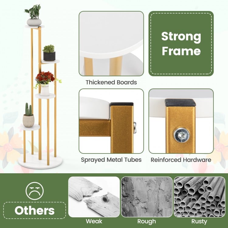 Five-tier indoor metal plant stand with a golden frame and waterproof MDF boards, perfect for corner decoration.