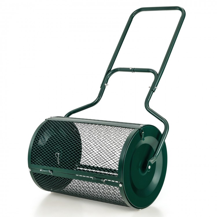 24-inch green peat moss spreader with durable mesh cage, U-shape handle, and upgraded side latches for efficient.