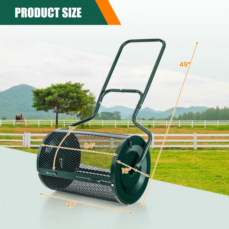 24-inch peat moss spreader with U-shape handle, showing dimensions and mesh cage for efficient spreading.