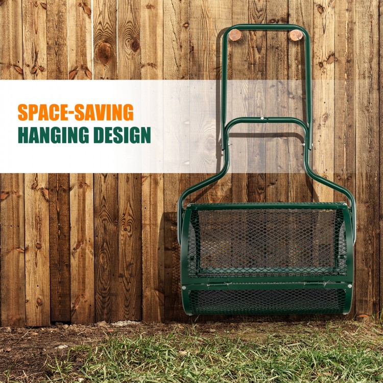 24-inch green peat moss spreader with U-shape handle and space-saving hanging design for efficient spreading.