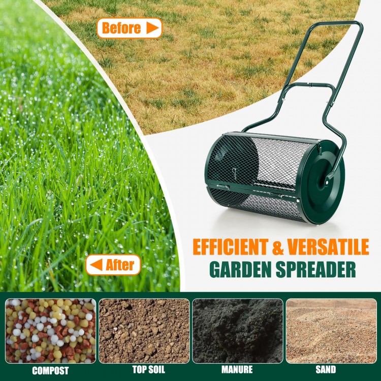 24-inch peat moss spreader with U-shape handle, ideal for efficient compost, manure, and sand spreading.