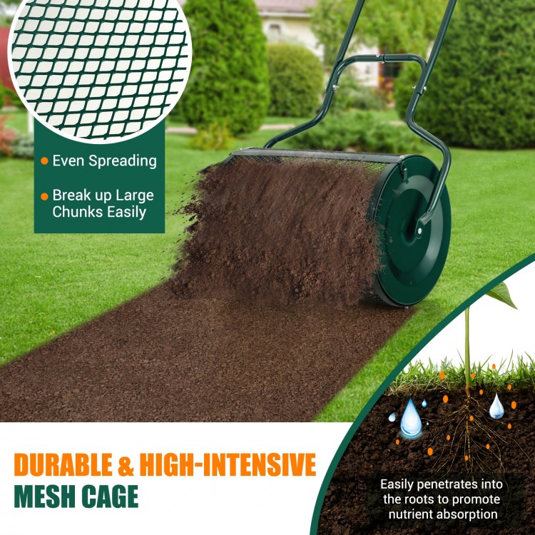 24-inch peat moss spreader with durable mesh cage for even spreading, ideal for compost and peat moss application.