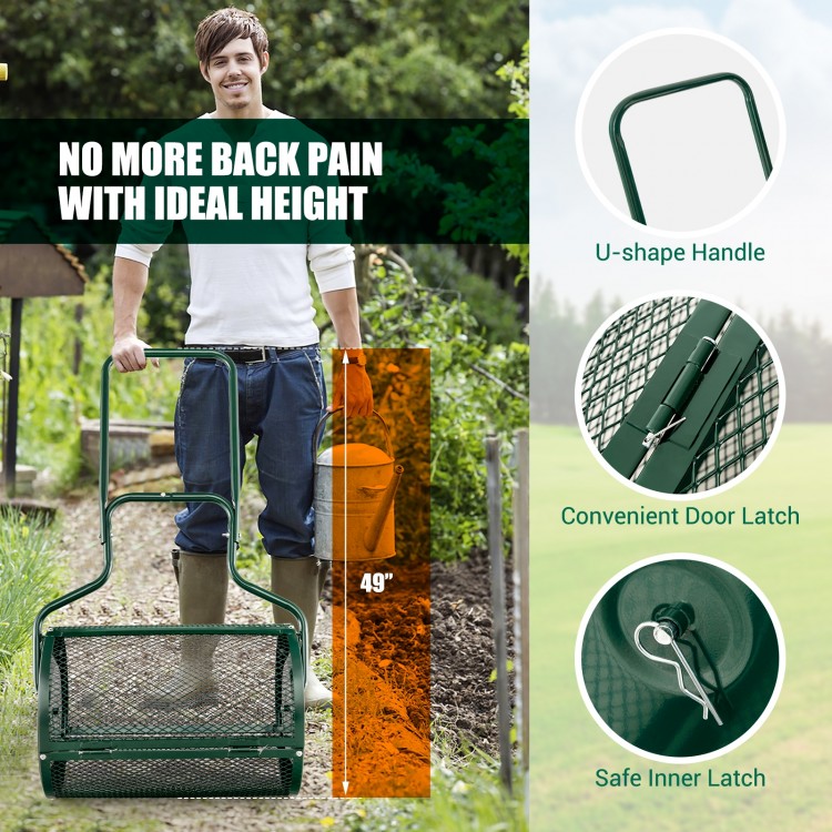 24-inch peat moss spreader with U-shape handle and upgraded side latches, designed for easy and efficient spreading.