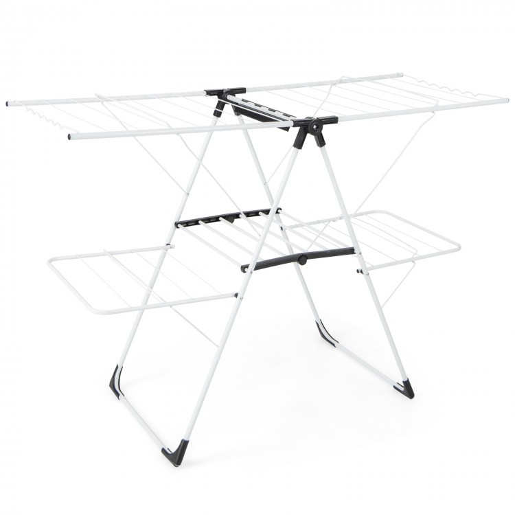 2-level laundry drying rack with height adjustable wings, sturdy metal construction, ideal for indoor or outdoor drying.