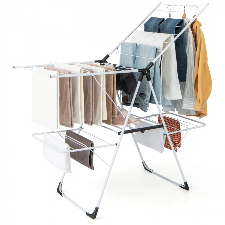 2-level laundry drying rack with adjustable wings, sturdy metal design, ideal for indoor or outdoor drying space.