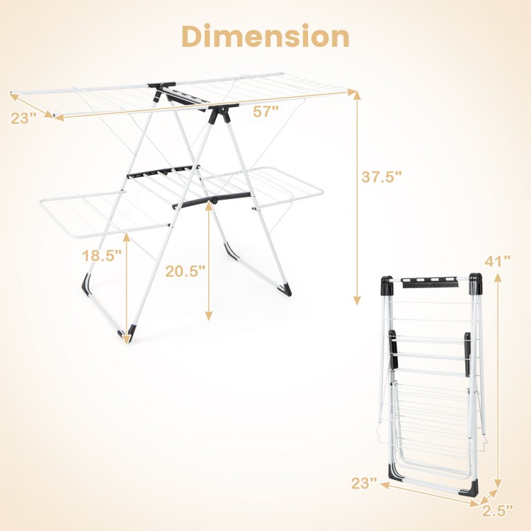 2-level laundry drying rack with adjustable wings, sturdy metal construction, foldable design for space-saving storage.