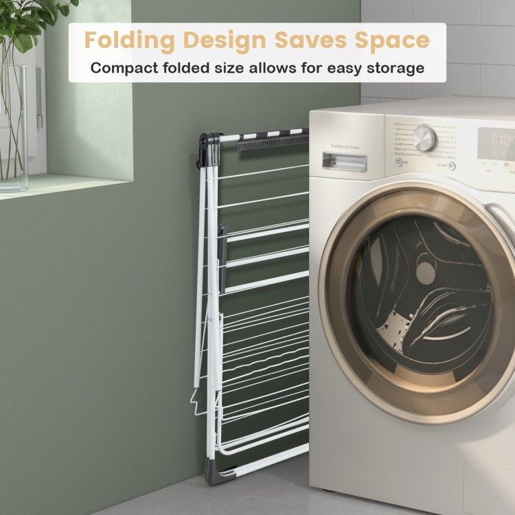 2-level laundry drying rack with height adjustable wings, foldable design for easy storage, ideal for indoor or outdoor.