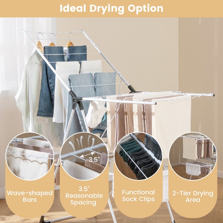 2-level laundry drying rack with adjustable wings, wave-shaped bars, and sock clips for efficient indoor or outdoor.