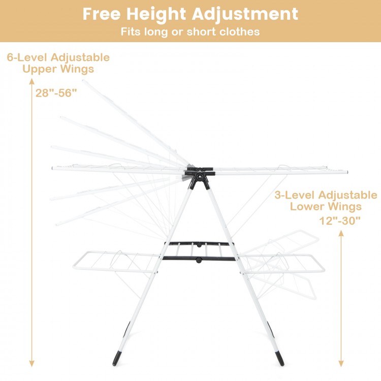 Height adjustable laundry drying rack with upper and lower wings, designed for efficient drying of various clothing.