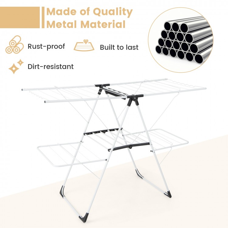 2-level laundry drying rack with height adjustable wings, sturdy rustproof metal, ideal for indoor or outdoor use.