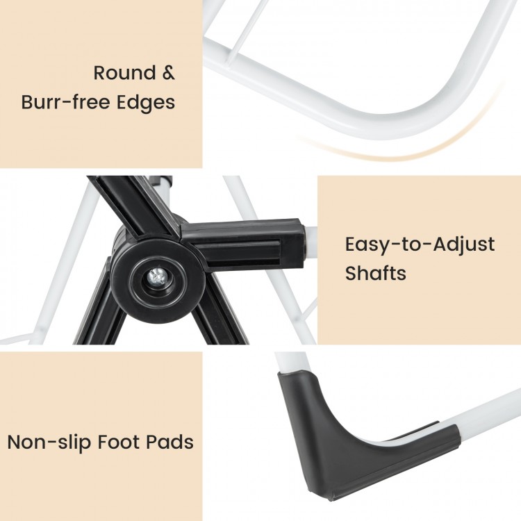 Height adjustable wings and non-slip foot pads of the 2-level laundry drying rack for stable indoor or outdoor use.