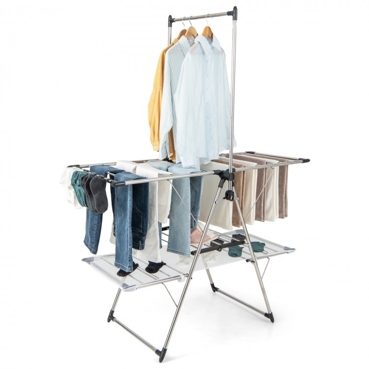 Large foldable clothes drying rack with practical sock clips and shoe hook, designed for efficient indoor and outdoor.
