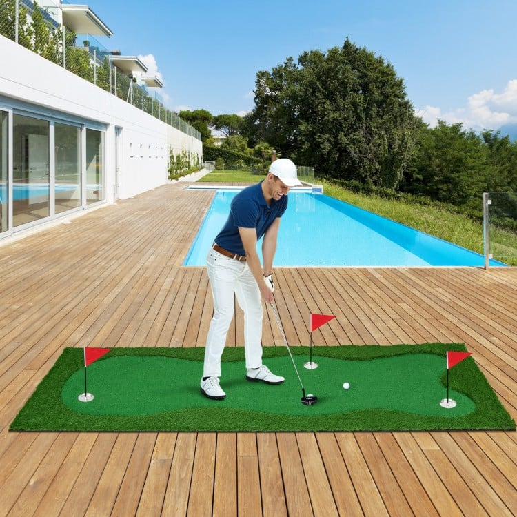 Golf putting green with realistic artificial grass turf, featuring three holes and non-slip backing for indoor or.