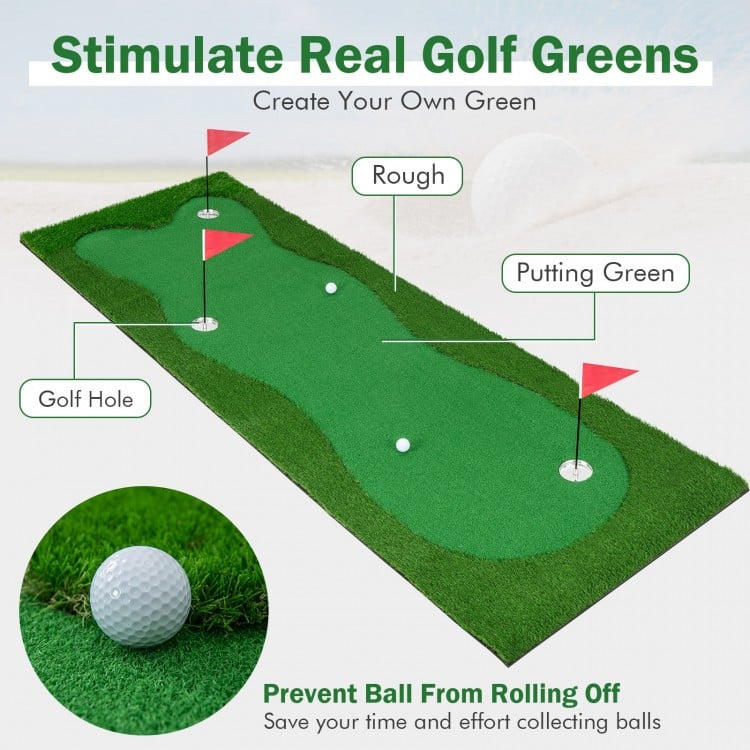 Close-up view of the premium artificial grass turf texture on a golf putting green, designed for realistic practice.