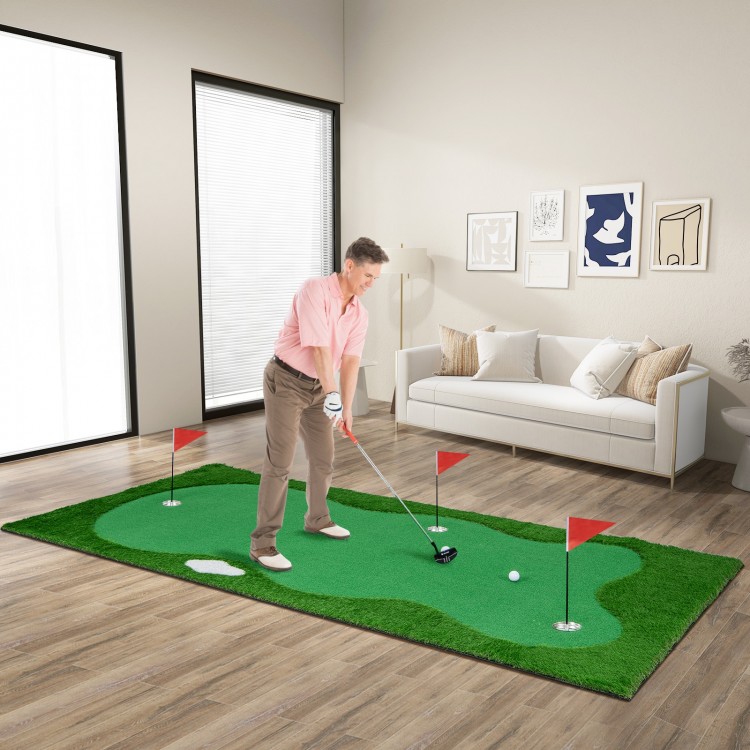 Golf putting green with realistic artificial grass turf, featuring three holes and non-slip backing for indoor or.