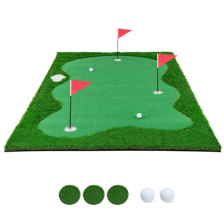 Golf putting green with realistic artificial grass, featuring 3 holes, flags, and non-slip backing for indoor/outdoor.