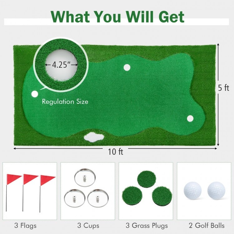 Golf putting green with realistic artificial grass turf, 10ft x 5ft, includes 3 cups, flags, and grass plugs for.
