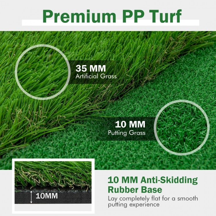 Premium artificial grass turf with 35mm height and 10mm anti-skidding rubber base for realistic golf putting practice.